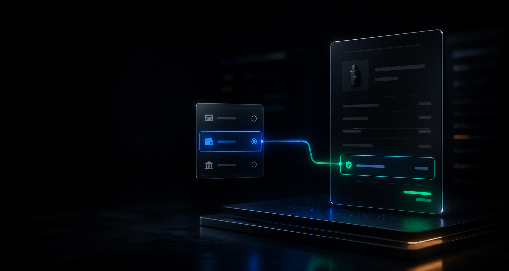 Cinematic visualization of a payment method rule updating a protected checkout total