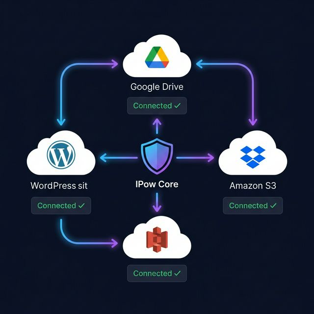 Cloud backup architecture showing WordPress connected to Google Drive, Dropbox, and S3 through IPow Core