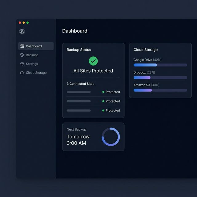 IPow Core WordPress dashboard showing backup status, connected cloud storage, and scheduling controls
