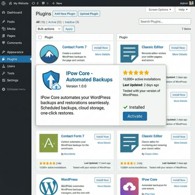WordPress admin plugins screen showing IPow Core being activated