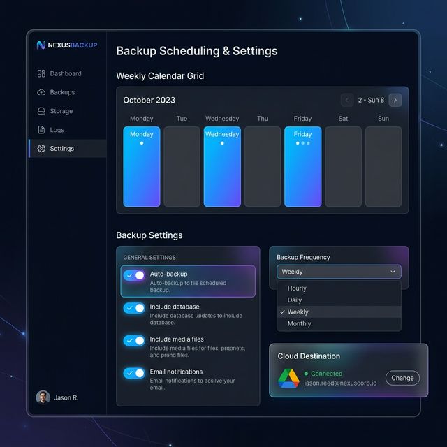 IPow Core backup scheduling interface with calendar and settings toggles